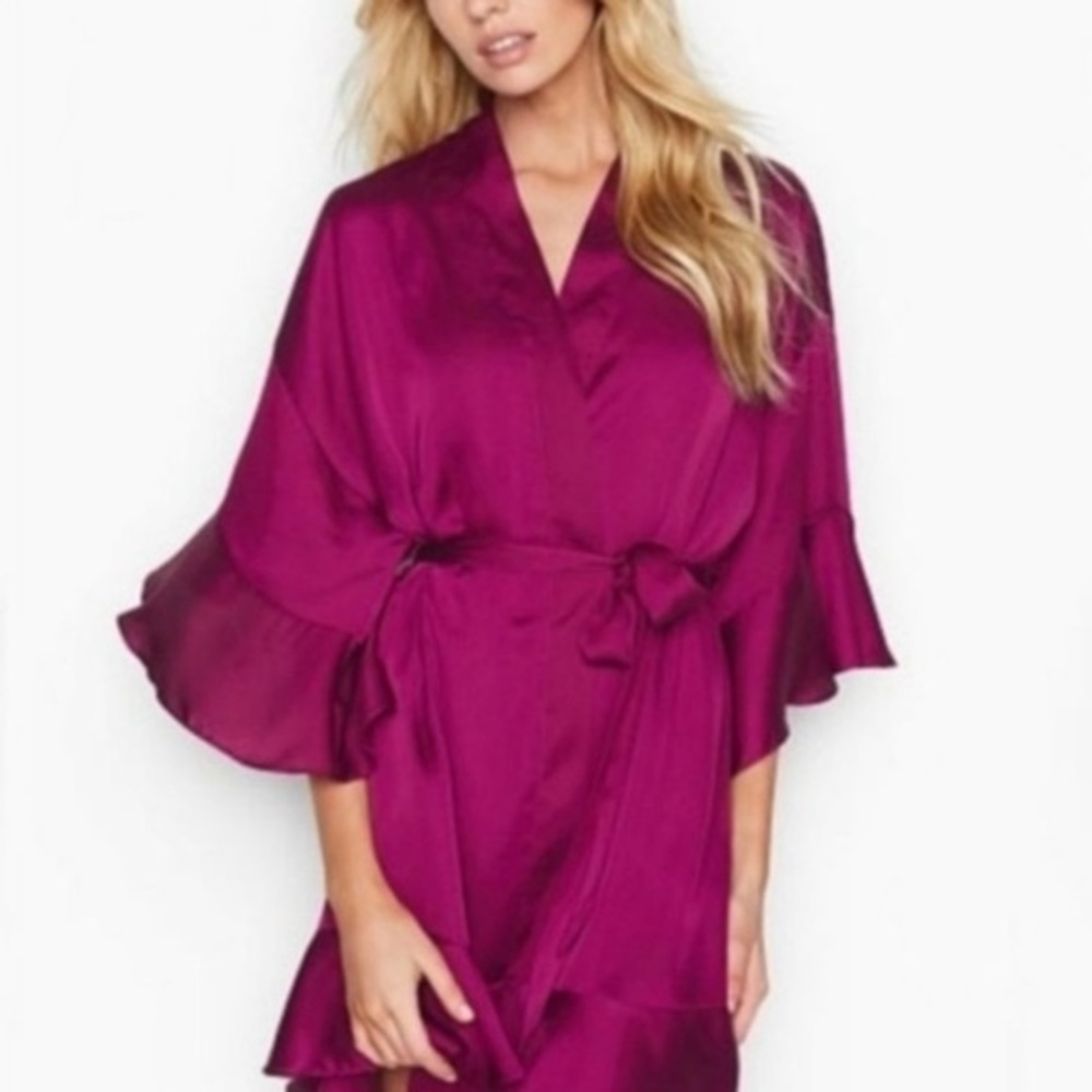 NEW XS/Small VERY SEXY Flounce-sleeve Kimono Robe Silky Sheer Purple Pink